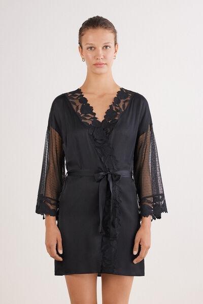 Black All About Flowers Viscose Satin And Tulle Kimono, Black, large image number 0