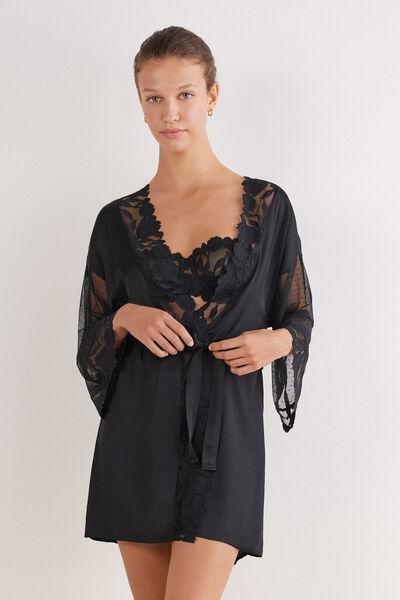 Black All About Flowers Viscose Satin And Tulle Kimono, Black, large image number 1