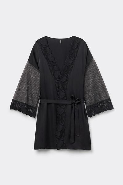 Black All About Flowers Viscose Satin And Tulle Kimono, Black, large image number 2
