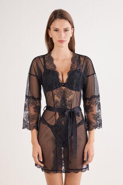Black La Vie En Rose Openwork Lace Dressing Gown, Black, large image number 0
