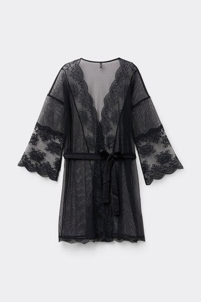 Black La Vie En Rose Openwork Lace Dressing Gown, Black, large image number 2