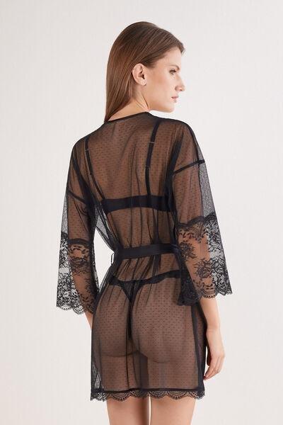 Black La Vie En Rose Openwork Lace Dressing Gown, Black, large image number 3