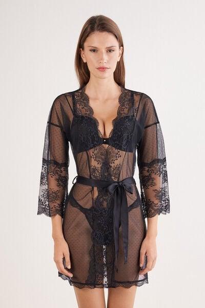 Black La Vie En Rose Openwork Lace Dressing Gown, Black, large image number 3