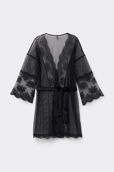 Black La Vie En Rose Openwork Lace Dressing Gown, Black, large image number 6