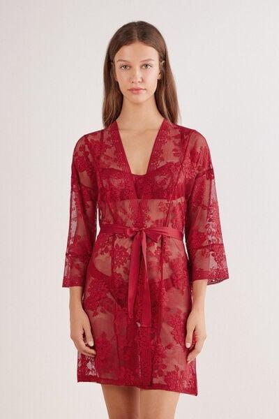 Red La Femme Fatale Belted Lace Dressing Gown, Wax Red, medium