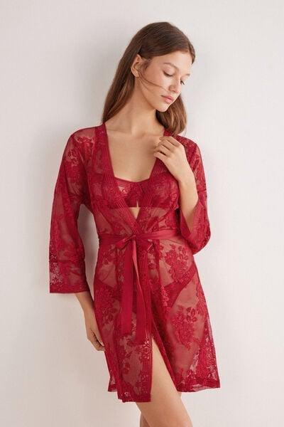 Red La Femme Fatale Belted Lace Dressing Gown, Wax Red, large image number 0