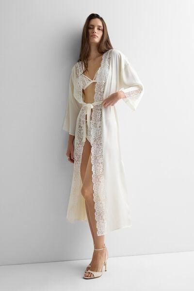 Ivory Ethereal Embrace Long Silk Dressing Gown, Powder White, medium