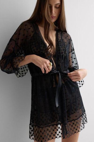 Black The Love Club Lace Dressing Gown, Black, large image number 5