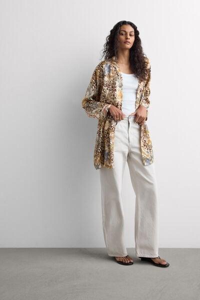 Beige Simply Iconic Animal Print Viscose Satin Kimono, 5601_071K, large image number 0