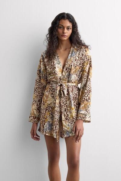 Beige Simply Iconic Animal Print Viscose Satin Kimono, 5601_071K, large image number 1