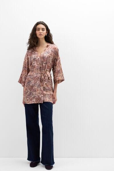 Brown Elevate Your Day Printed Viscose Satin Kimono, 5601_197K, medium