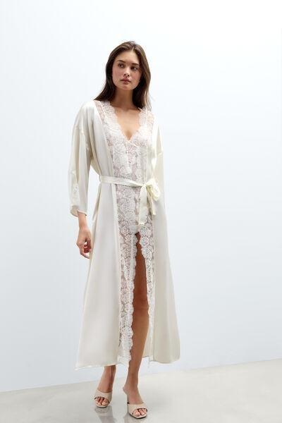 White From The Boudoir Long Silk And Lace Dressing Gown, Powder White, medium