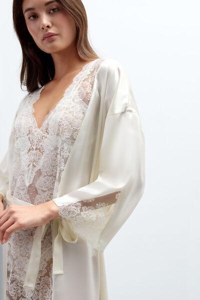 White From The Boudoir Long Silk And Lace Dressing Gown, Powder White, large image number 4