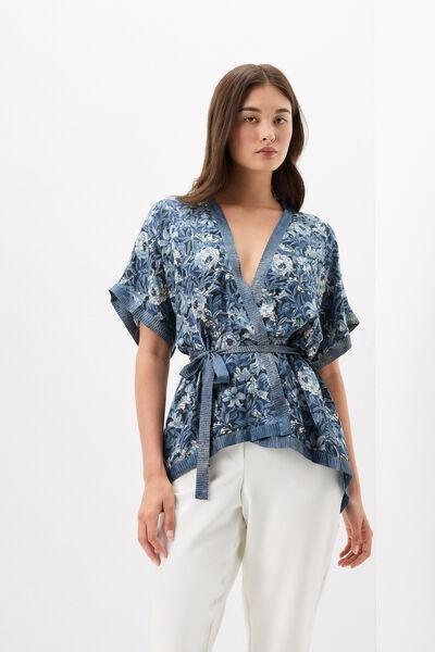 Navy Fanciful Flowers Printed Viscose Satin Kimono, 5601_195K, large image number 1
