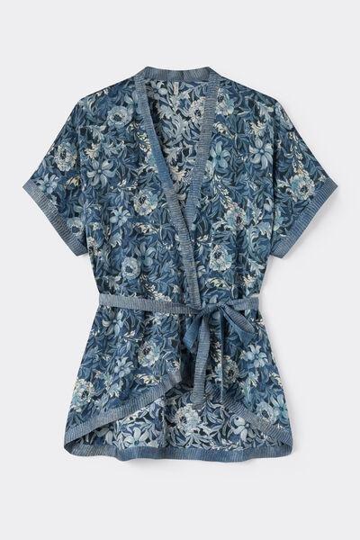 Navy Fanciful Flowers Printed Viscose Satin Kimono, 5601_195K, large image number 3