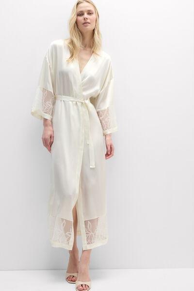 White My Forever Love Long Silk And Lace Dressing Gown, Powder White, large image number 1