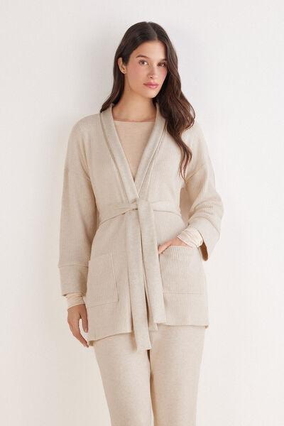 Beige Tricot-Effect Oversized Cardigan, 5601_044K, large image number 0