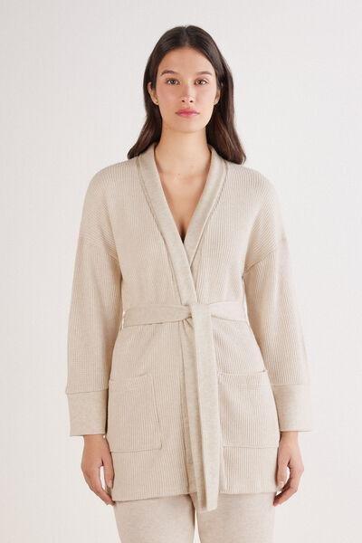 Beige Tricot-Effect Oversized Cardigan, 5601_044K, medium