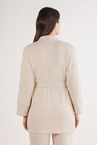 Beige Tricot-Effect Oversized Cardigan, 5601_044K, large image number 3