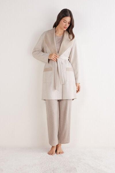 Beige Suede-Look Soft Winter Dressing Gown, 5601_045K, medium