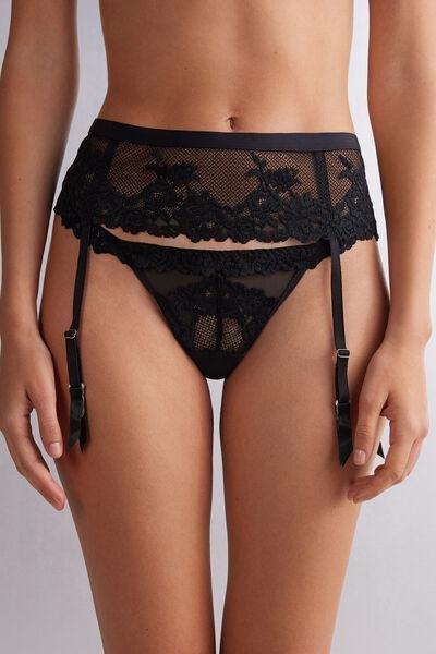 Black Pretty Flowers Garter Belt, Black, large image number 0
