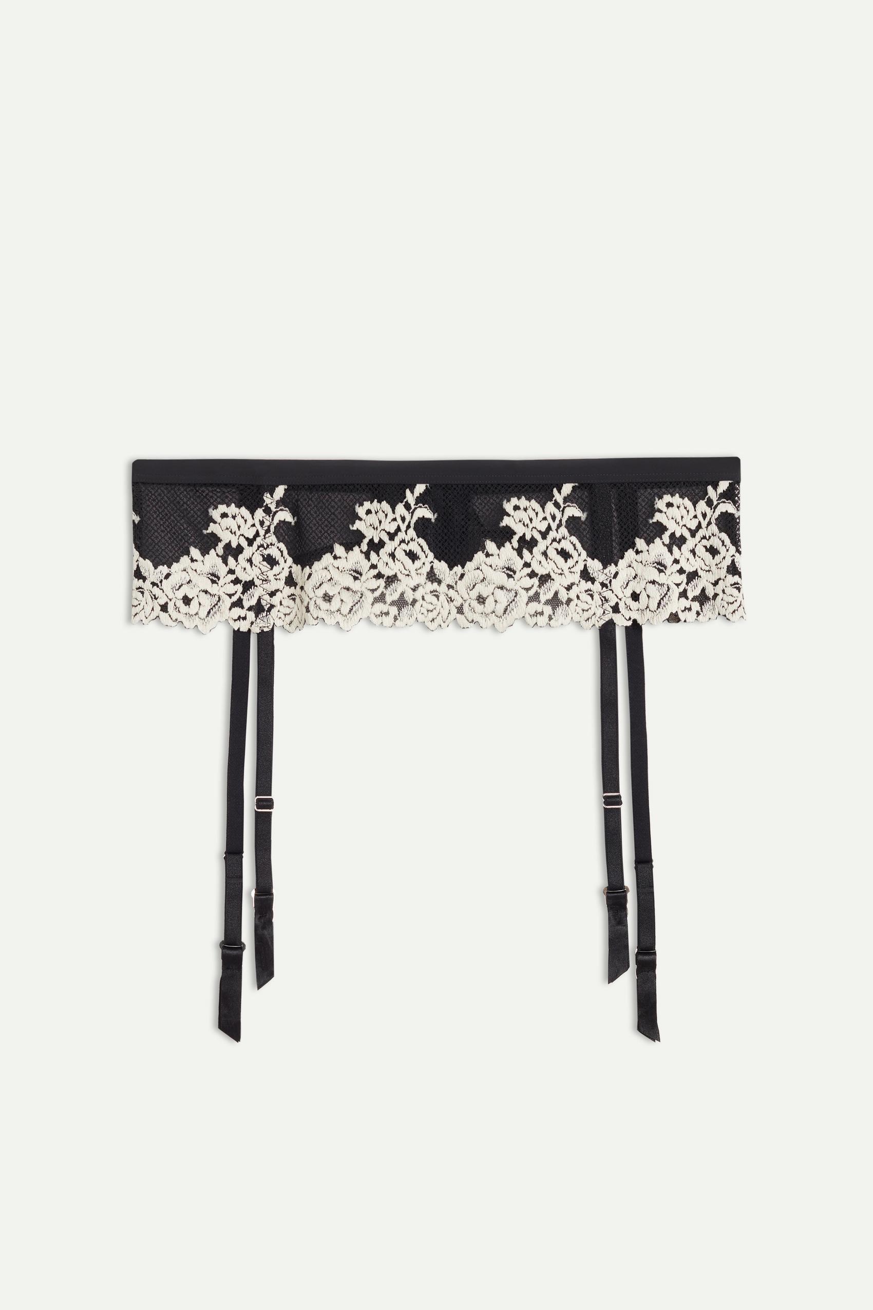 Black Pretty Flowers Garter Belt, Black/ivory, large image number 2