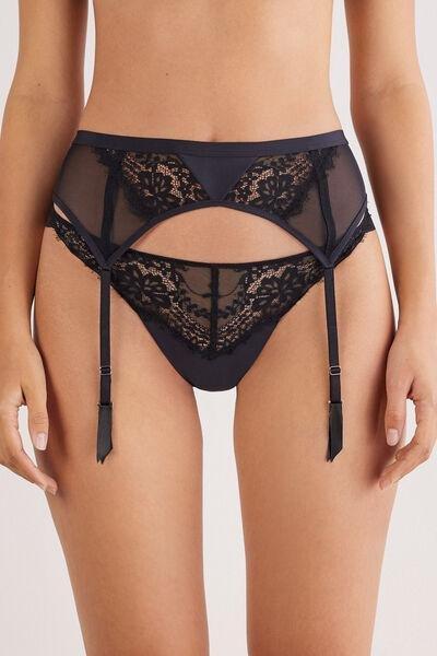 Black Sheer Glamour Lace Suspenders, Black, medium