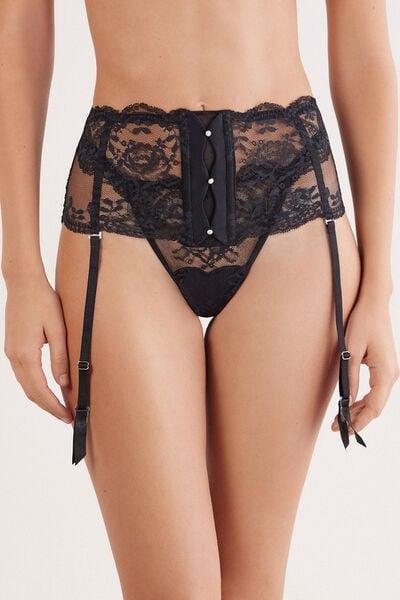 Black La Vie En Rose Waspie-Style Lace Suspenders, Black, medium
