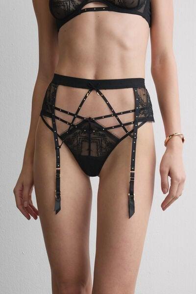Black Flirt Fearlessly Lace Suspenders, Black, medium