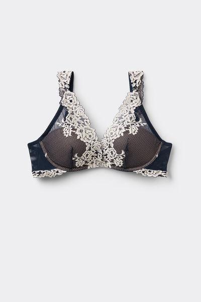 Navy Pretty Flowers Balconette Bra, Intense Blue/vanilla, medium