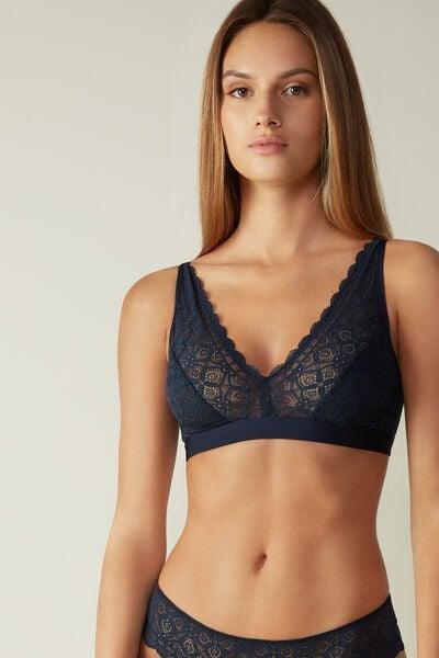 Navy Unpadded Lace Triangle Bra, Intense Blue, large image number 1