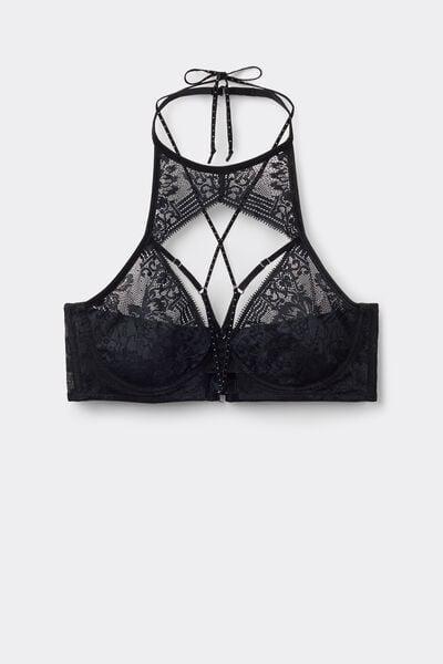 Black La Femme Fatale Elasticated Straps Lace Bra Top, Black, medium