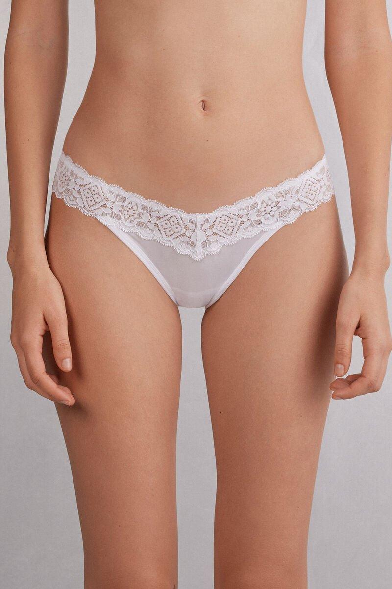 White Lace And Microfibre Brazilian Briefs, White, large image number 2