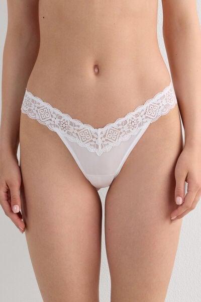 White Lace And Microfibre Brazilian Briefs, White, large image number 3
