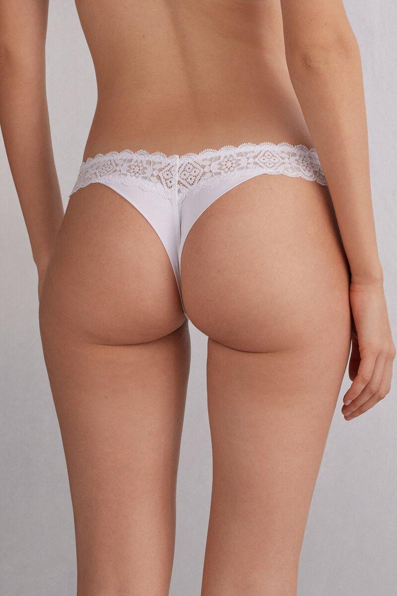 White Lace And Microfibre Brazilian Briefs, White, large image number 4