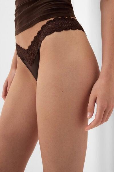 Brown 80S-Style Lace And Microfibre Brazilian Briefs, 5601_705J, large image number 3