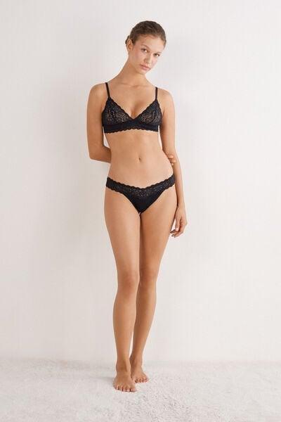 Black 80S-Style Lace And Cotton Brazilian Briefs, Black, large image number 0