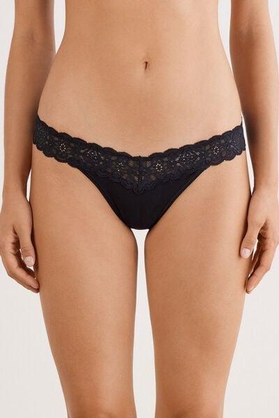 Black 80S-Style Lace And Cotton Brazilian Briefs, Black, large image number 1