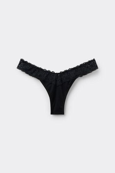 Black 80S-Style Lace And Cotton Brazilian Briefs, Black, large image number 3