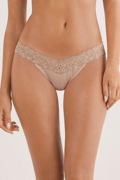 Beige 80S-Style Lace And Cotton Brazilian Briefs, Soft Beige, large image number 1