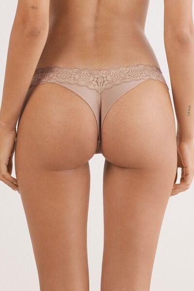 Beige 80S-Style Lace And Cotton Brazilian Briefs, Soft Beige, large image number 2