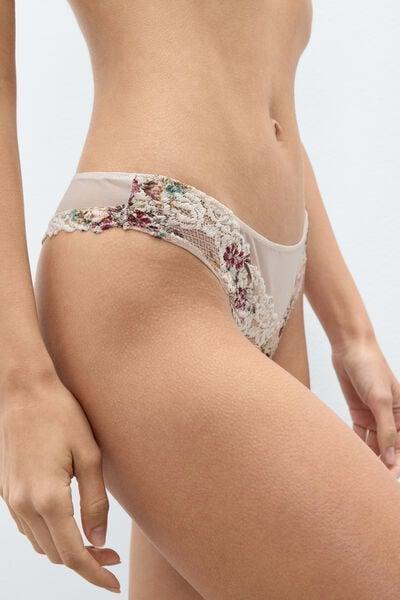 Beige Pretty Flowers Tulle Brazilian Briefs, 5601_327K, large image number 4
