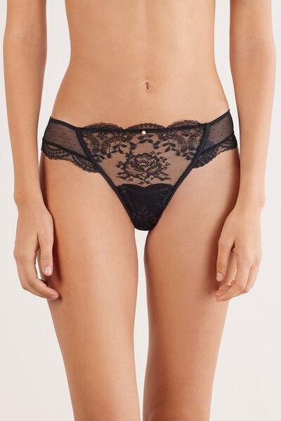 Black La Vie En Rose Trimmed Lace Brazilian Briefs, Black, medium