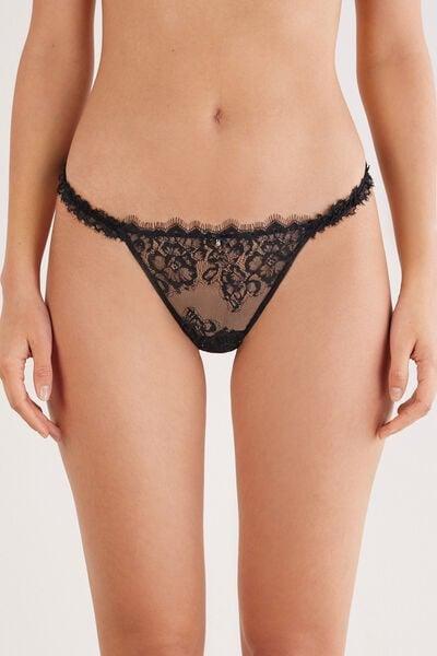 Black Glimmer Of Pleasure Side Straps Brazilian Lace Briefs, Black, medium