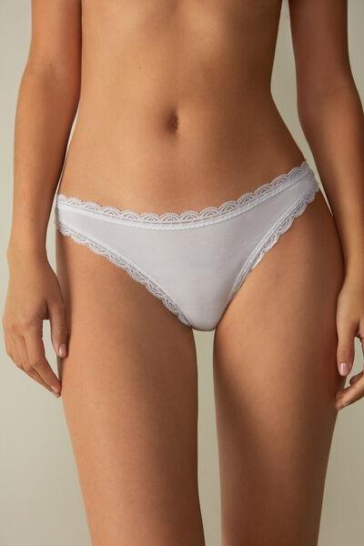 White Cotton And Lace Brazilian Briefs, , large image number 0