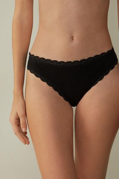 Black Cotton And Lace Brazilian Briefs, Women, , large image number 0