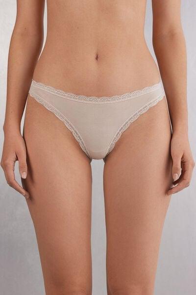White Silk Cotton And Lace Brazilian Briefs, Silk, large image number 1