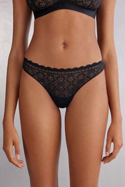 Black Bow-Detail Lace Brazilian Briefs, Black, large image number 1
