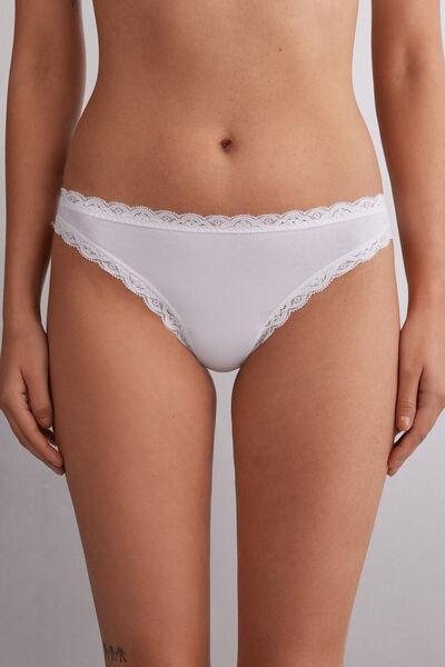 White Cotton And Lace Brazilian Briefs, , medium