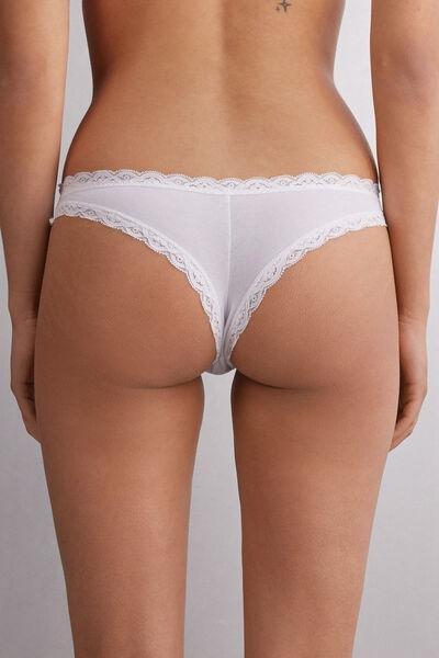 White Cotton And Lace Brazilian Briefs, , large image number 3
